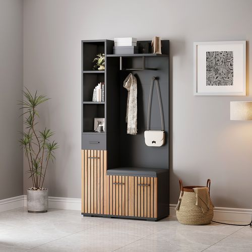 Meuble D'entrée Vestiaire Avec Banc De Rangement, LED Télécommandée Et 21 Compartiments, Noir