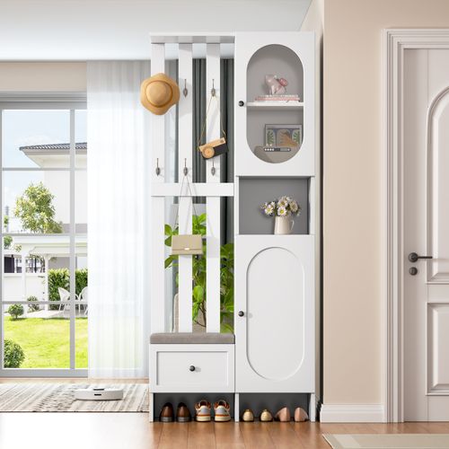 Meuble D'entrée Vestiaire Avec 2 Armoires, 1 Tiroir, Banc Et Étagères, Blanc Et Verre Trempé