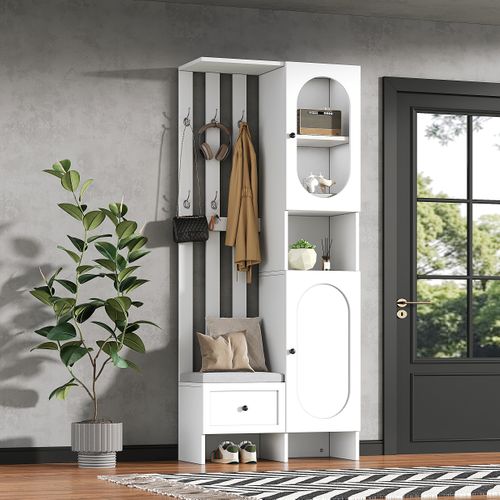 Meuble D'entrée Vestiaire Avec 2 Armoires, 1 Tiroir, Banc Et Étagères, Blanc Et Verre Trempé