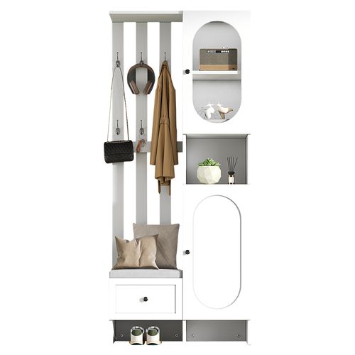 Meuble D'entrée Vestiaire Avec 2 Armoires, 1 Tiroir, Banc Et Étagères, Blanc Et Verre Trempé