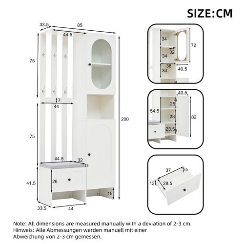 Meuble D'entrée Vestiaire Avec 2 Armoires, 1 Tiroir, Banc Et Étagères, Blanc Et Verre Trempé
