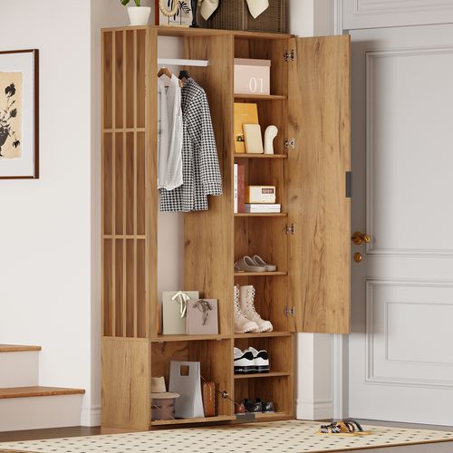 Meuble D'entrée Vestiaire Multifonction Avec Miroir, Séchoir Ouvert Et Armoire Battante, Naturel