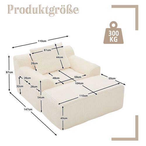 Fauteuil Relax - Repose-pieds - Coussin Confortable - Velours Côtelé - Beige