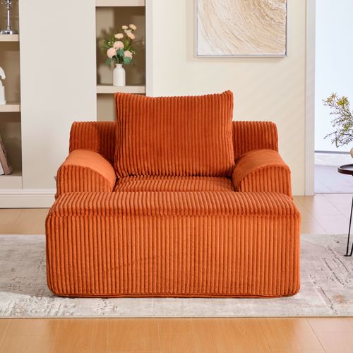 Fauteuil De Lecture - Repose-pieds - Coussin - Velours Côtelé - Orange