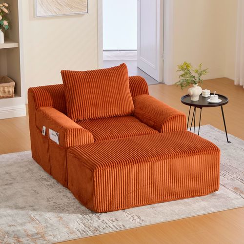 Fauteuil De Lecture - Repose-pieds - Coussin - Velours Côtelé - Orange