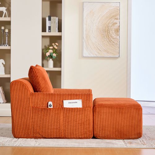Fauteuil De Lecture - Repose-pieds - Coussin - Velours Côtelé - Orange