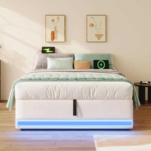 Lit Coffre 90x200 Cm - Lit Déco Avec Port USB Et Type-c - Lin + Mdf - Beige