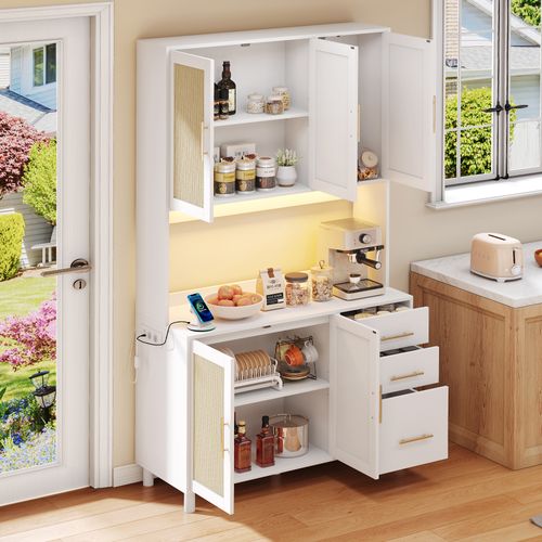 Bahut De Cuisine Avec LED Bluetooth, 2 Ports USB, 2 Prises Et Rangement Tiroirs, Naturel