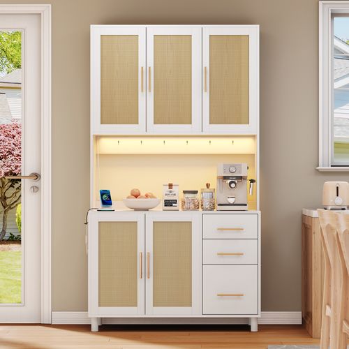 Bahut De Cuisine Avec LED Bluetooth, 2 Ports USB, 2 Prises Et Rangement Tiroirs, Naturel