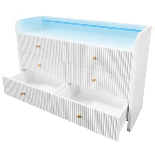 Buffet LED Avec Télécommande Et 6 Tiroirs, Design Moderne à Rainures Ondulées, Blanc