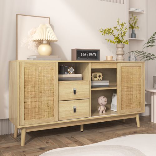 Buffet Cannage Avec 3 Portes Coulissantes Et 2 Tiroirs, Meuble Salon Ou Cuisine, Bois