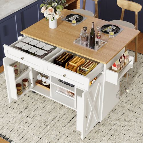 Îlot Cuisine Avec Rangement Et Étagères à Snacks, Surface Bois, Mdf Et Métal, Blanc