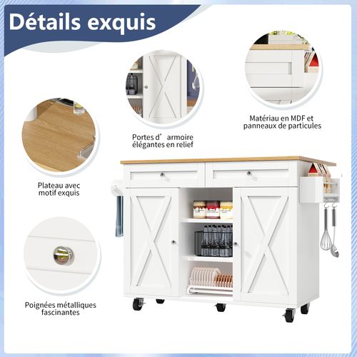 Îlot Cuisine Avec Rangement Et Étagères à Snacks, Surface Bois, Mdf Et Métal, Blanc