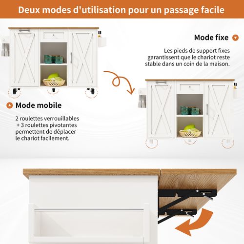 Îlot Cuisine Avec Étagères Et Rangement Extensible, Roues Mobiles, Métal Et Mdf, Blanc