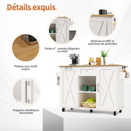 Îlot Cuisine Avec Étagères Et Rangement Extensible, Roues Mobiles, Métal Et Mdf, Blanc