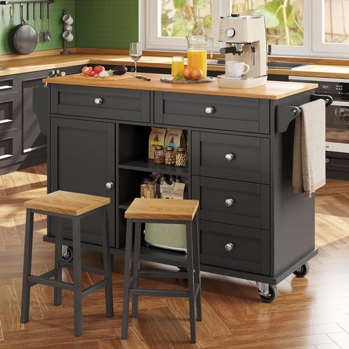 Îlot Cuisine Mobile Avec Tiroirs Et Rangement Sur Roulettes, Meuble Mdf, Noir