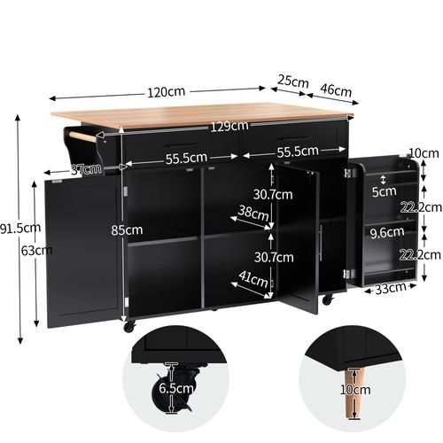 Îlot Cuisine Mobile Avec Roulettes Et Plateau Rabattable, Plan Bois Massif, Noir