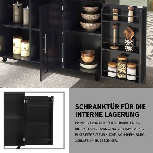 Îlot Cuisine Mobile Avec Roulettes Et Plateau Rabattable, Plan Bois Massif, Noir