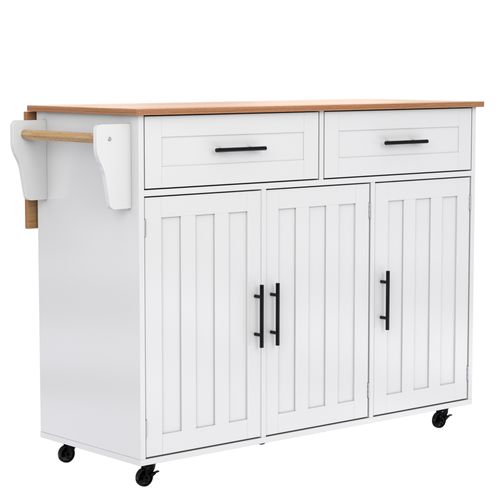 Îlot Cuisine Mobile Avec Roulettes Et Plateau Rabattable, Plan Bois Massif, Blanc