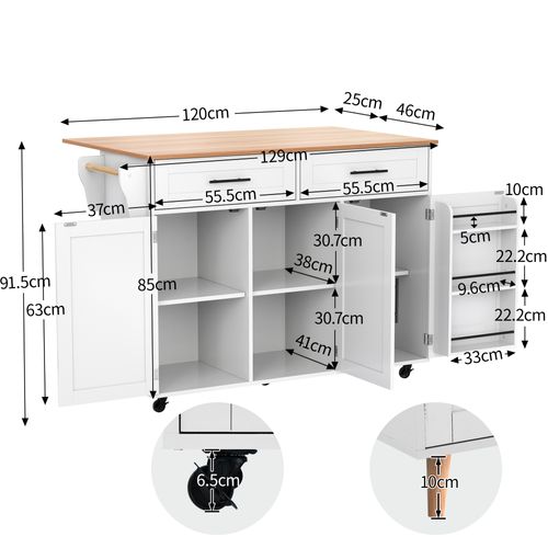 Îlot Cuisine Mobile Avec Roulettes Et Plateau Rabattable, Plan Bois Massif, Blanc