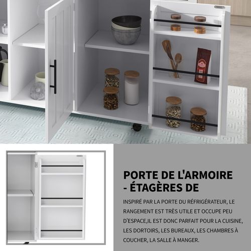Îlot Cuisine Mobile Avec Roulettes Et Plateau Rabattable, Plan Bois Massif, Blanc