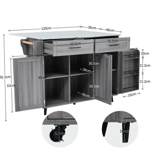 Îlot Cuisine Mobile Avec Roulettes Et Plateau Rabattable, Plan Bois Massif, Gris