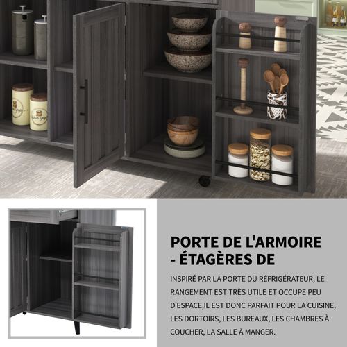 Îlot Cuisine Mobile Avec Roulettes Et Plateau Rabattable, Plan Bois Massif, Gris
