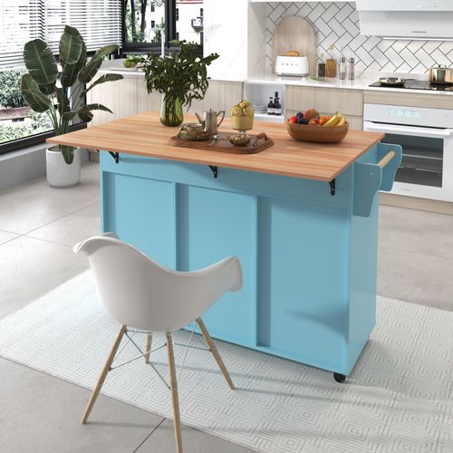Îlot Cuisine Mobile Avec Roulettes Et Plateau Rabattable, Plan Bois Massif, Bleu