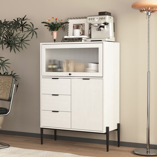 Buffet Moderne Avec 3 Tiroirs, 1 Porte Bois Et 1 Porte Verre, Meuble Rangement, Blanc