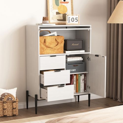 Buffet Moderne Avec 3 Tiroirs, 1 Porte Bois Et 1 Porte Verre, Meuble Rangement, Blanc