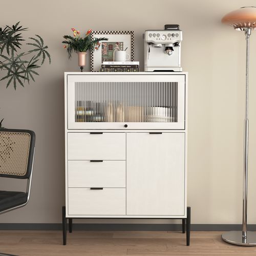 Buffet Moderne Avec 3 Tiroirs, 1 Porte Bois Et 1 Porte Verre, Meuble Rangement, Blanc