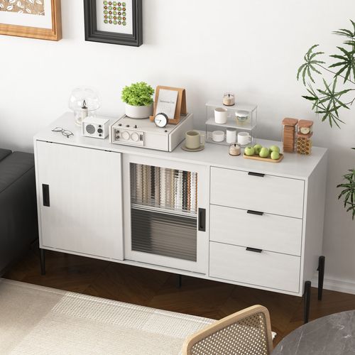 Buffet Moderne Avec 3 Tiroirs Et 2 Portes Verre, Meuble Rangement, 155x40x91,5 Cm, Blanc