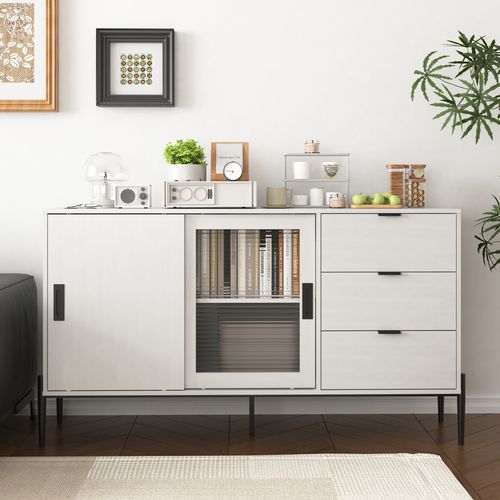 Buffet Moderne Avec 3 Tiroirs Et 2 Portes Verre, Meuble Rangement, 155x40x91,5 Cm, Blanc