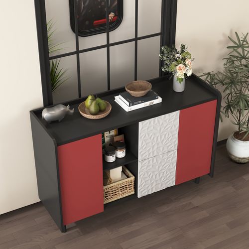 Buffet Cuisine 2 Tiroirs, Niches Ouvertes, Portes Rouges, Mdf, Noir/rouge