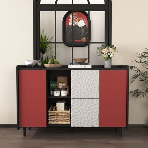 Buffet Cuisine 2 Tiroirs, Niches Ouvertes, Portes Rouges, Mdf, Noir/rouge