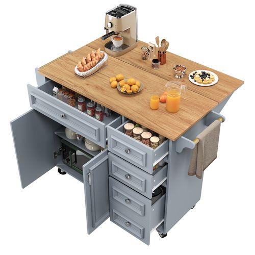 Îlot Cuisine Pliable Avec Rangements Et Roulettes, Mdf Et Métal, Bleu