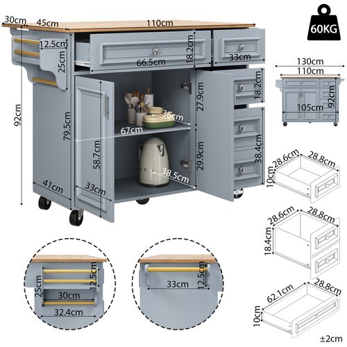 Îlot Cuisine Pliable Avec Rangements Et Roulettes, Mdf Et Métal, Bleu