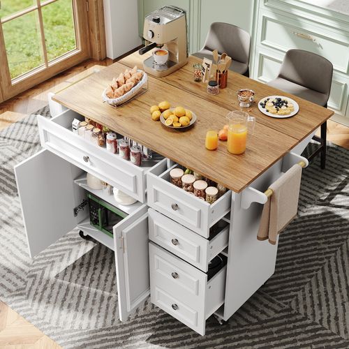 Îlot Cuisine Multifonction Avec Rangements Et Roulettes, Buffet Pliable, Mdf Et Métal, Blanc