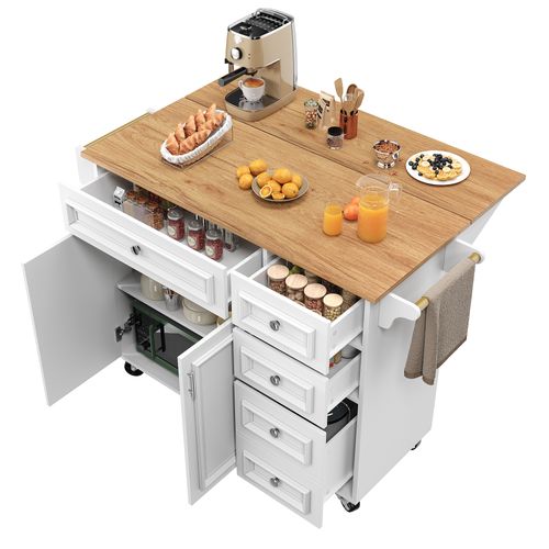 Îlot Cuisine Multifonction Avec Rangements Et Roulettes, Buffet Pliable, Mdf Et Métal, Blanc