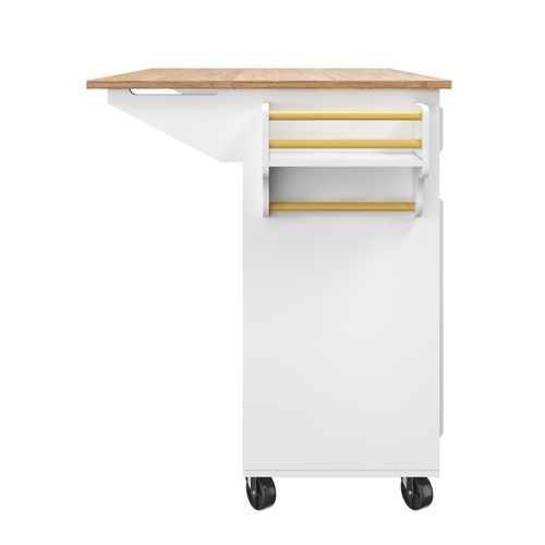 Îlot Cuisine Multifonction Avec Rangements Et Roulettes, Buffet Pliable, Mdf Et Métal, Blanc