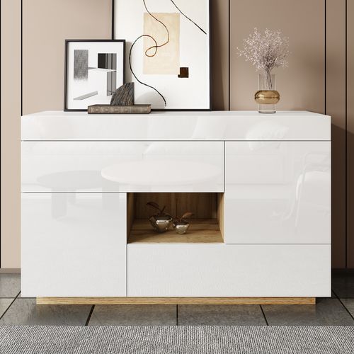 Buffet Rangement Tiroirs - Bahut Design Patchwork - LED -  Facile à Entretenir - Stables - Blanc