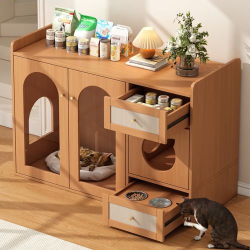 Armoire Litière Chat, Maison De Toilette Cachée, Rangement Pratique Avec Gamelles, Mdf/verre Noyer