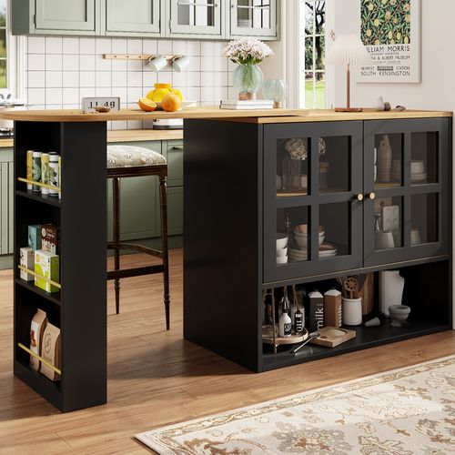 Buffet Pivotant Cuisine, 5 Niveaux Rangement, Étagères Et Élément Verre, Noir