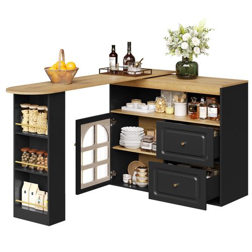 Îlot Cuisine Moderne, Buffet Rotatif, 2 Tiroirs, Meuble Bar, Étagères Ouvertes, Mdf, Noir