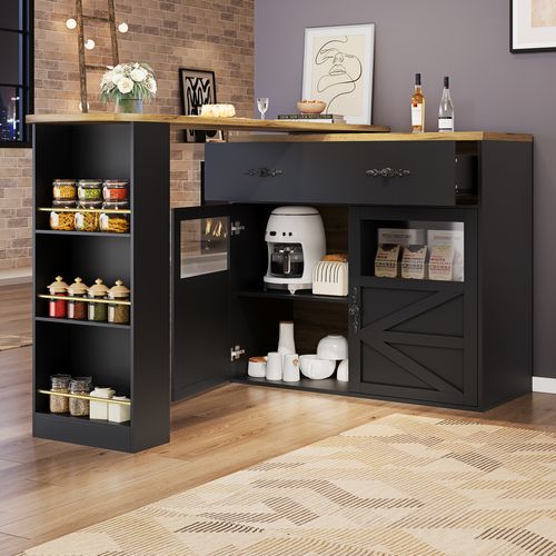 Îlot Cuisine Extensible, Meuble Rangement Pivotant 360°, Étagères Latérales, Mdf, Noir