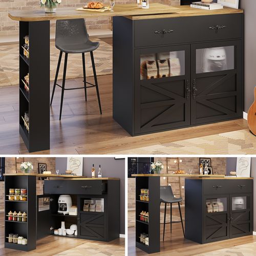 Îlot Cuisine Extensible, Meuble Rangement Pivotant 360°, Étagères Latérales, Mdf, Noir