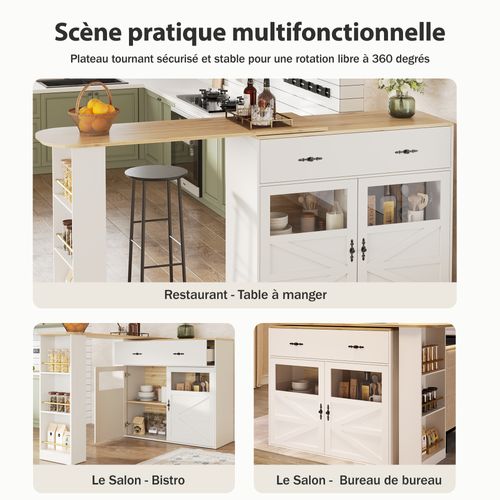 Îlot Cuisine, Buffet Extensible, Tiroirs Et Étagères Latérales, Mdf, Blanc