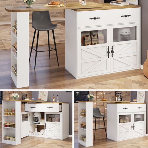 Îlot Cuisine, Buffet Extensible, Tiroirs Et Étagères Latérales, Mdf, Blanc