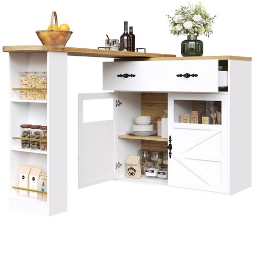 Îlot Cuisine, Buffet Extensible, Tiroirs Et Étagères Latérales, Mdf, Blanc