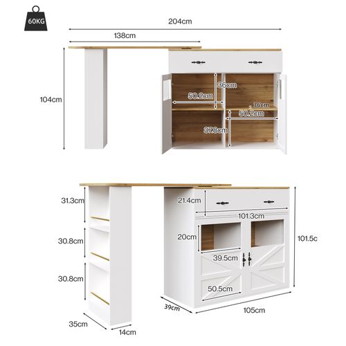Îlot Cuisine, Buffet Extensible, Tiroirs Et Étagères Latérales, Mdf, Blanc